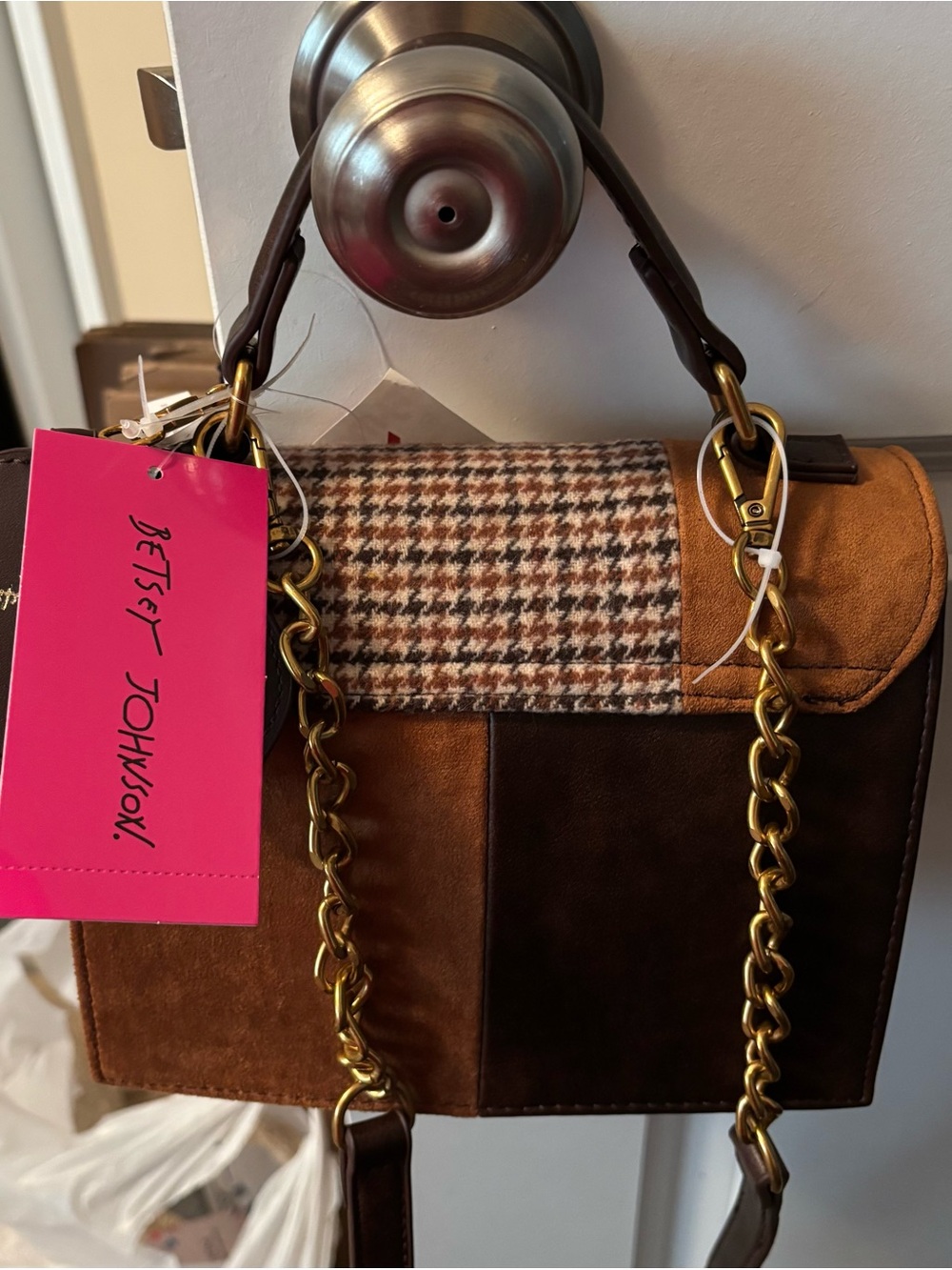Betsey Johnson Brown Patchwork Houndstooth Satchel with Dog Charm - Picture 2 of 3